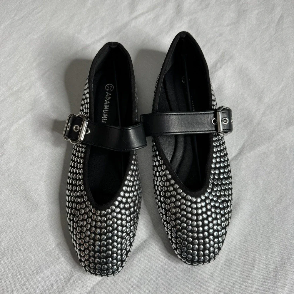 Studded Mary Jane Flats Black Silver Buckle Punk Ballerina Shoes Womens 37 6.5-7